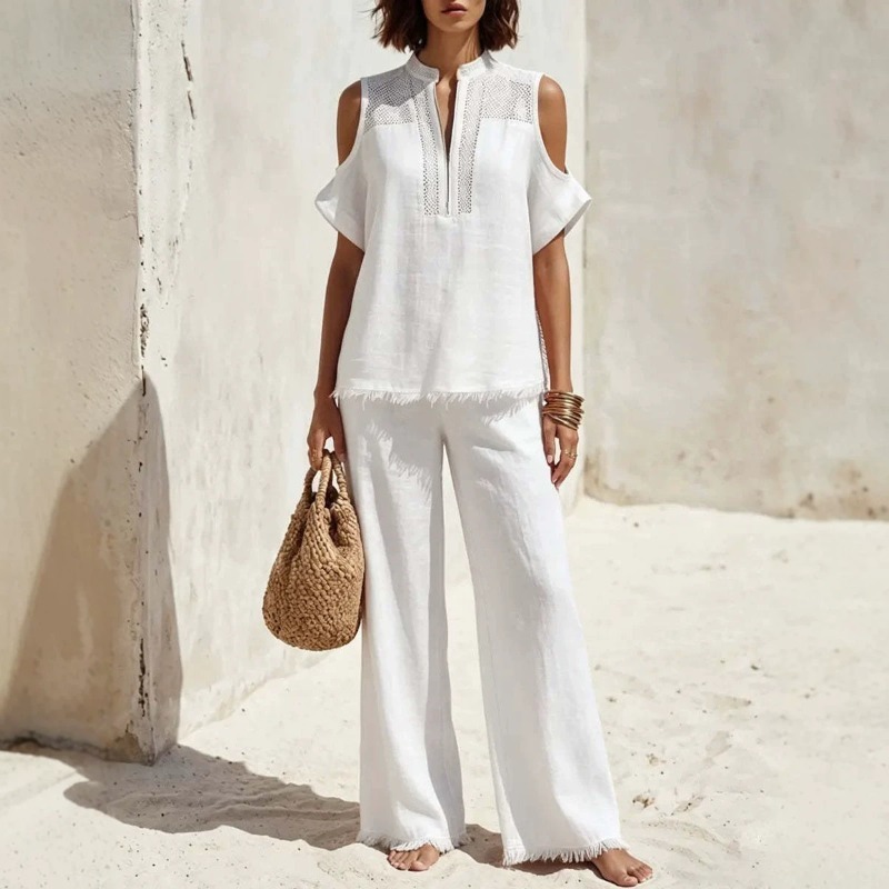 Linen Pant Wide - Simple Casual Linen Cold Shoulder 2-Piece