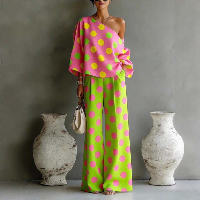 Women's Polka Dot 2 Piece Outf - Blouse Off Shoulder 리뷰 및 가격