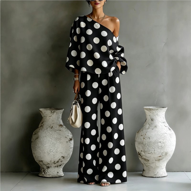 Women's Polka Dot 2 Piece Outf - Blouse Off Shoulder 리뷰 및 가격