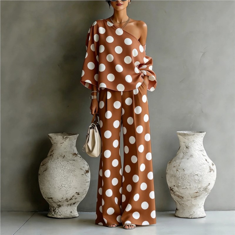 Women's Polka Dot 2 Piece Outf - Blouse Off Shoulder 리뷰 및 가격