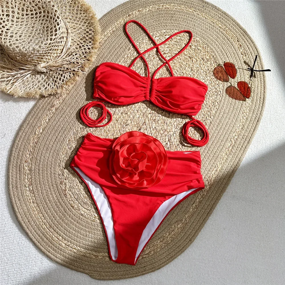 Sexy Red 3D Flower Swimwear Ha - Swimsuit Bikini Ruched 리뷰 및 가격