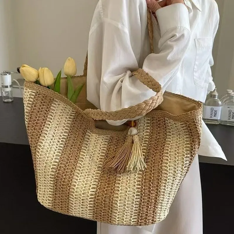 Striped woven straw tote bag f - Tote Bag Beach 리뷰 및 가격