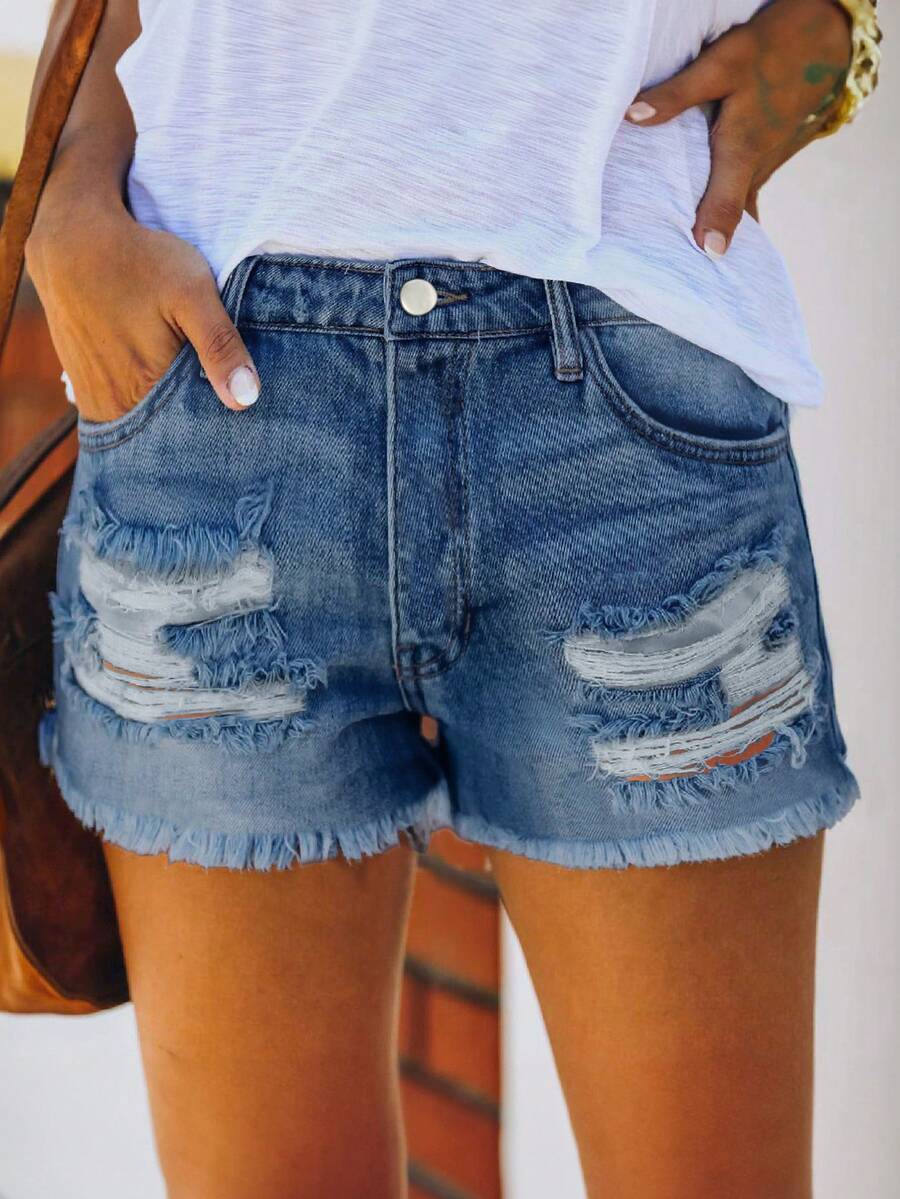 Mid Waist Washed Denim Shorts  - Shorts Denim Frayed 리뷰 및 가격