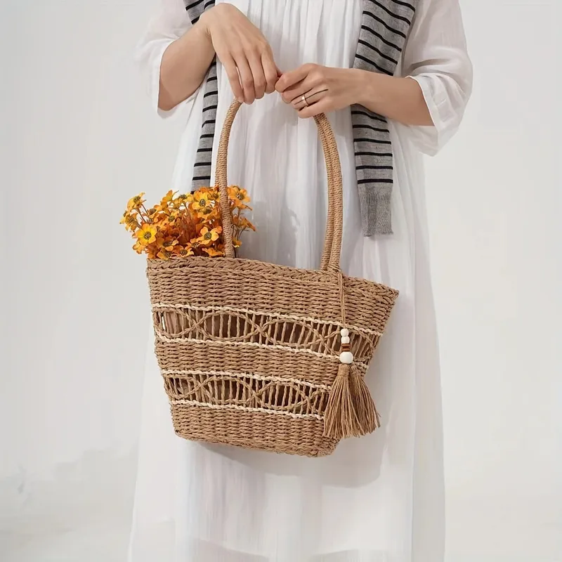 Hollow-Shoulder Straw Tote Bag - Tote Bag Beach 리뷰 및 가격