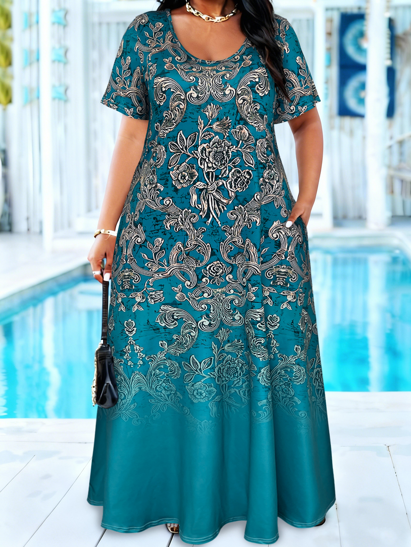 Plus Size Teal Baroque Floral  - Romper Floral Print 리뷰 및 가격