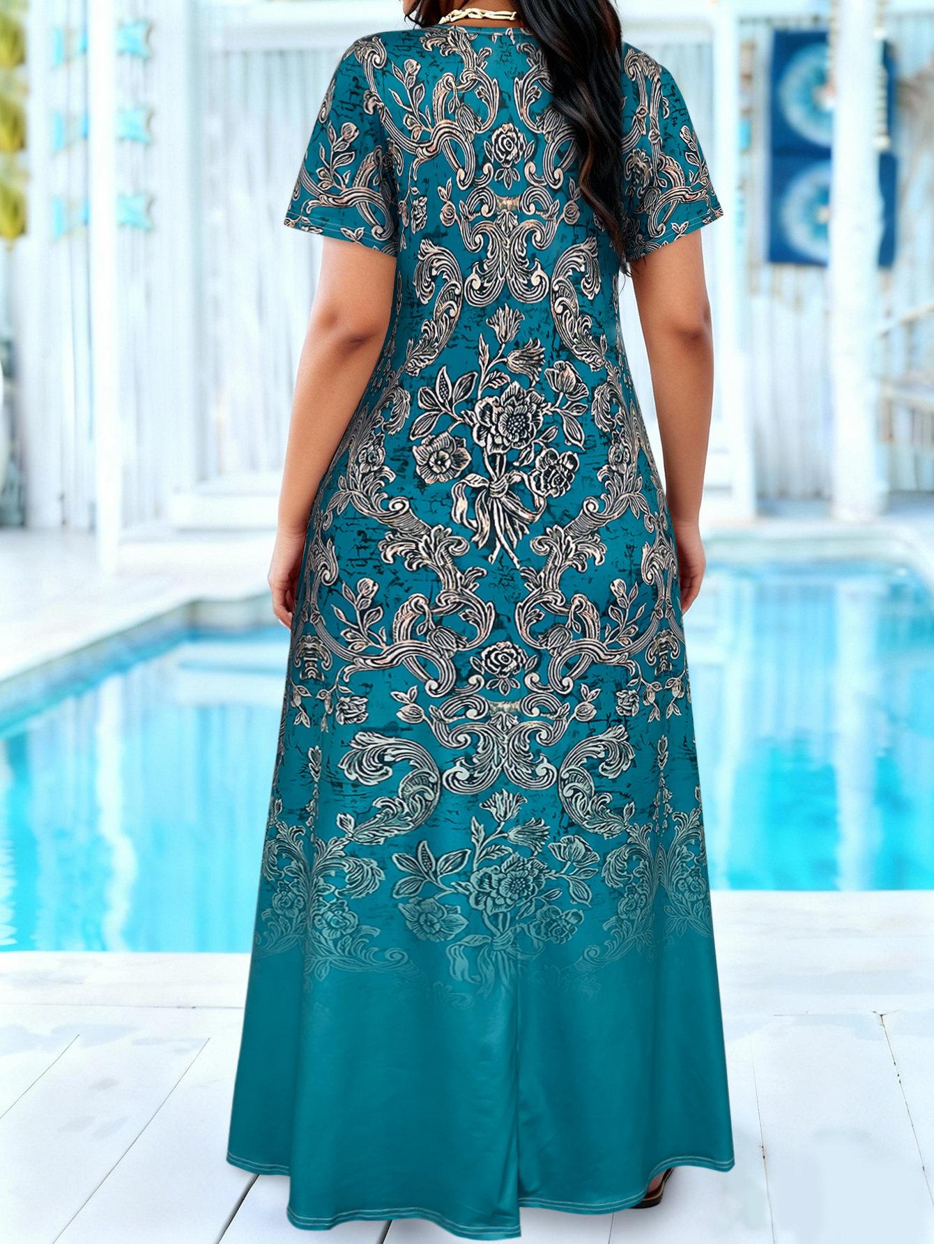 Plus Size Teal Baroque Floral  - Romper Floral Print 리뷰 및 가격